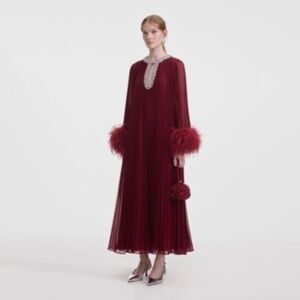 BURGUNDY CHIFFON FEATHER MIDI DRESS